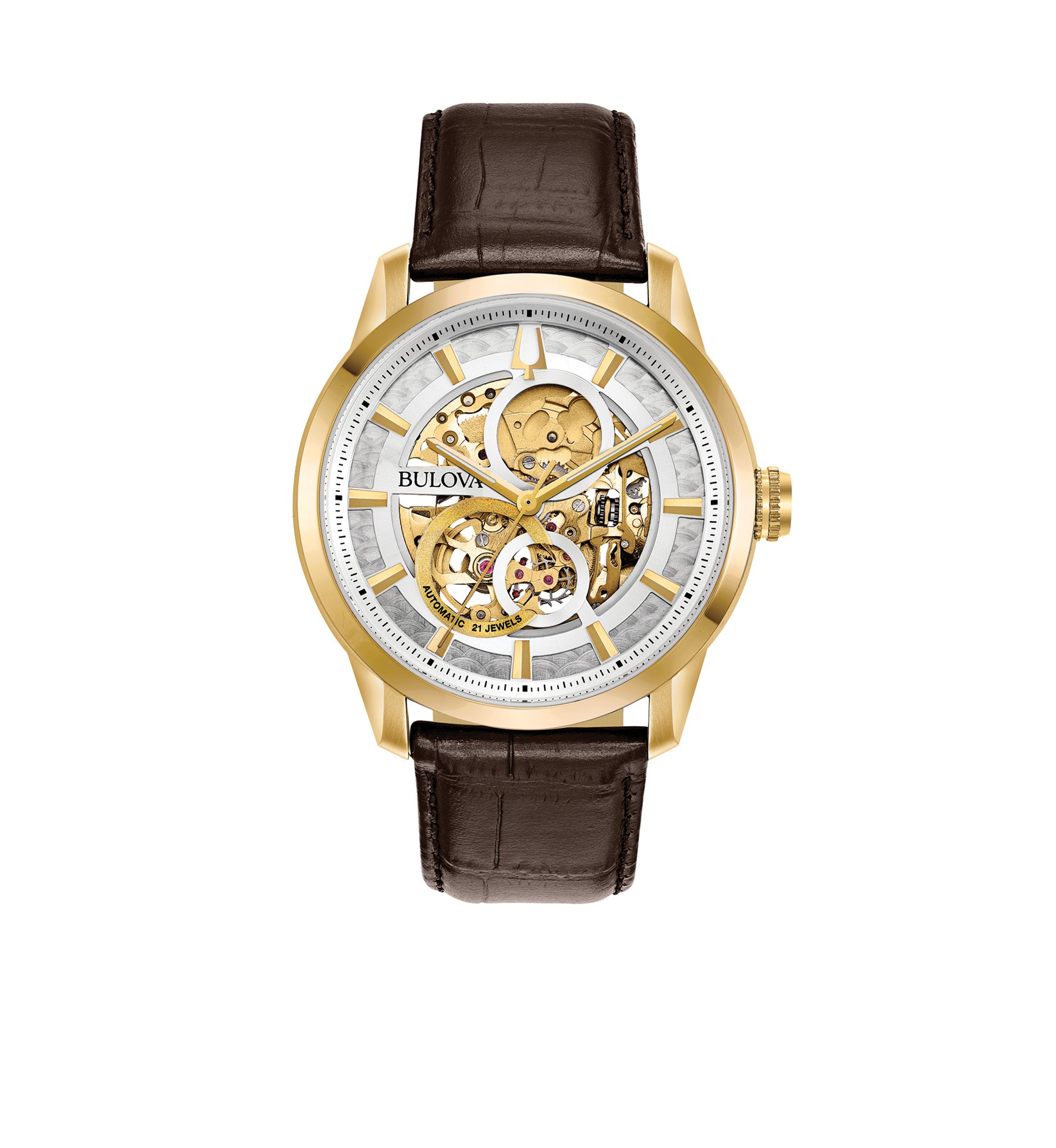 Mens Gold Tone Stainless Steel Sutton Automatic Leather Strap Watch