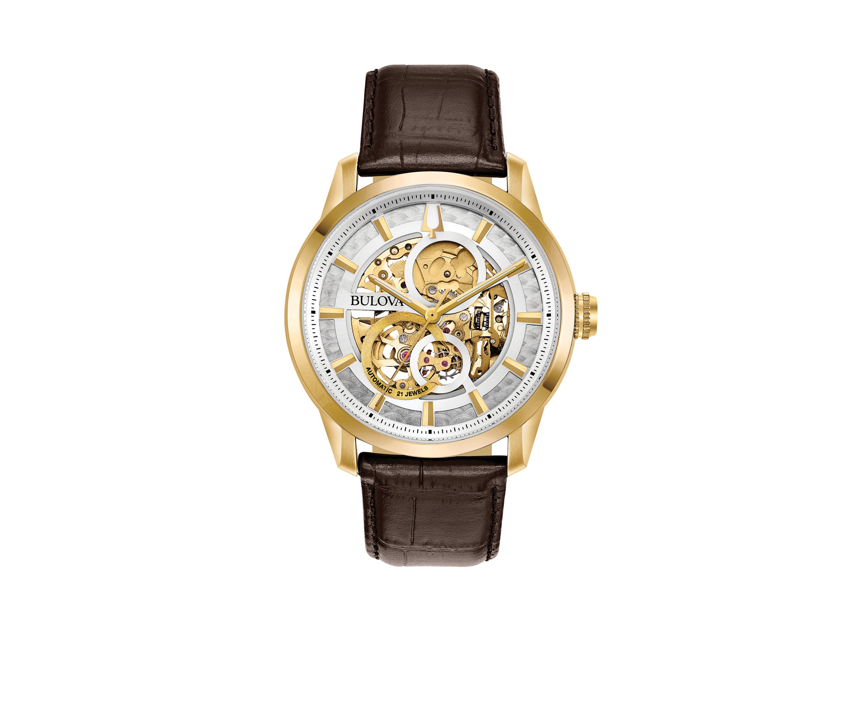 Mens Gold Tone Stainless Steel Sutton Automatic Leather Strap Watch