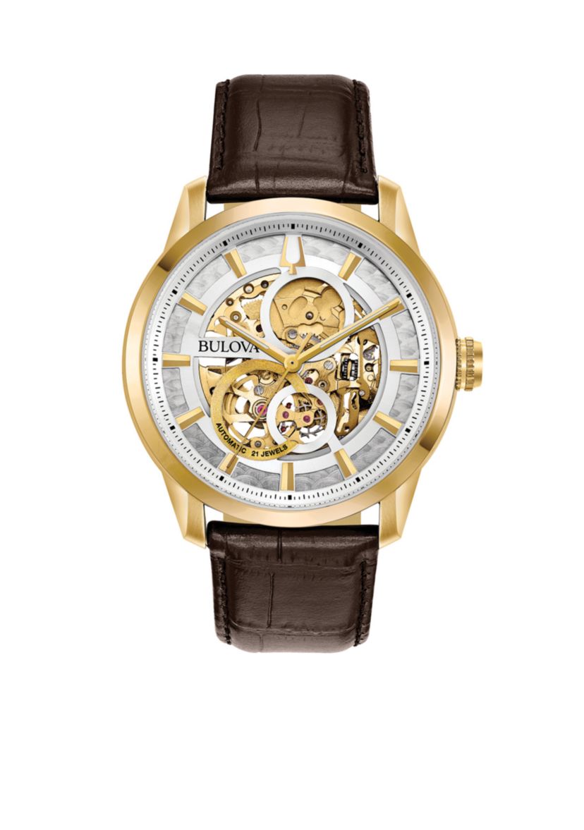 Mens Gold Tone Stainless Steel Sutton Automatic Leather Strap Watch