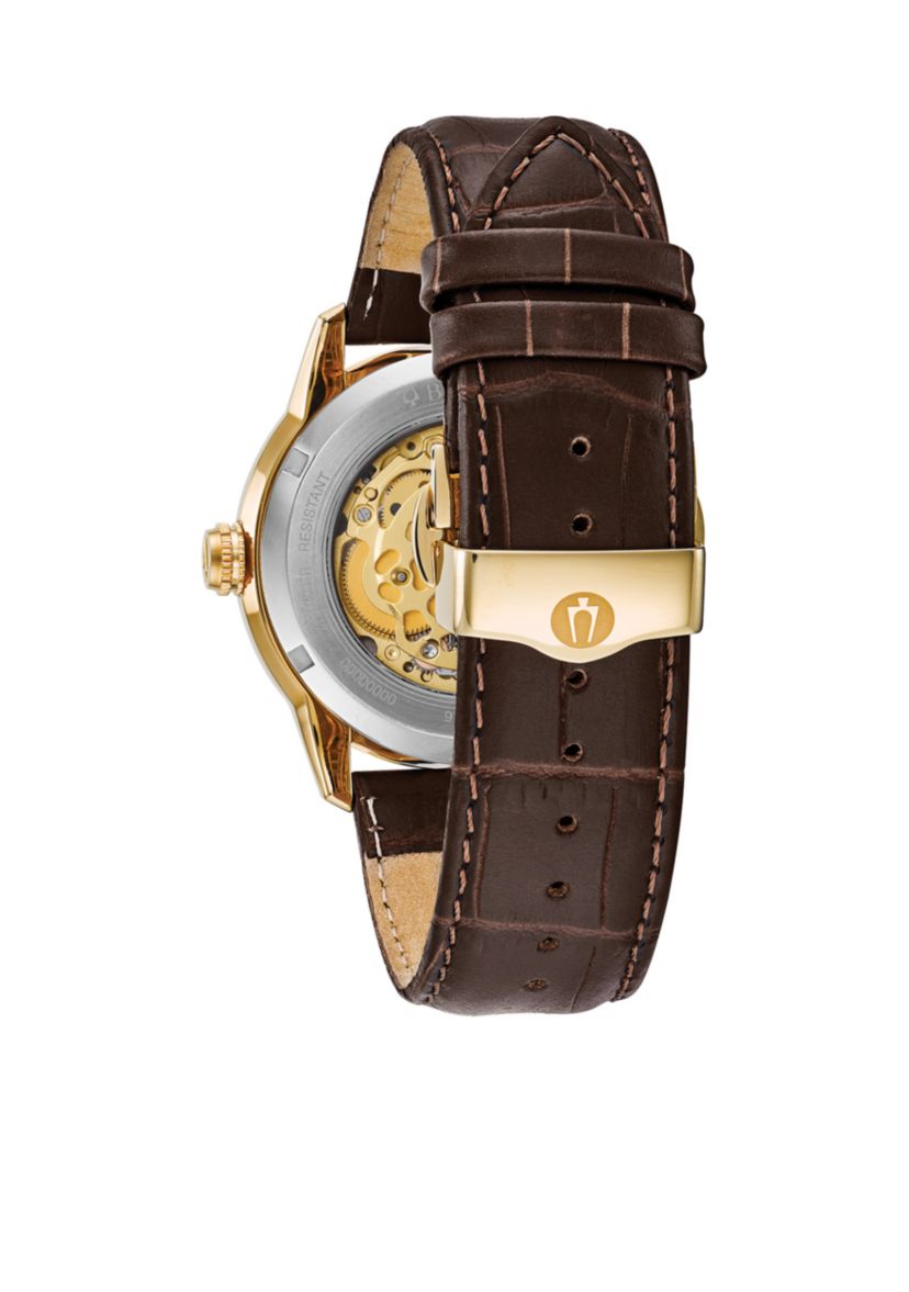 Mens Gold Tone Stainless Steel Sutton Automatic Leather Strap Watch