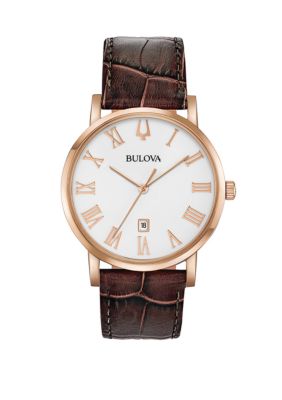 Bulova Men's Rose Gold Tone Stainless Steel American Clipper Leather Watch, Brown -  0042429567344