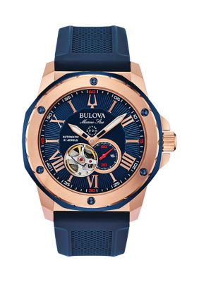 Bulova Men's Rose Gold Tone Stainless Steel Marine Star Automatic Silicone Watch