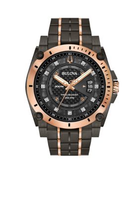 Bulova Men's Gray And Rose Gold-Tone Stainless Steel Precisionist Champlain Diamond-Accent Bracelet Watch 46.5Mm -  0042429557192
