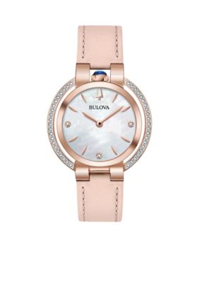 Bulova Women's Rose Gold-Tone Stainless Steel Rubayiat Diamond 1/5 Ct. T.w. Pink Leather Strap Watch 35 Mm -  0042429561212