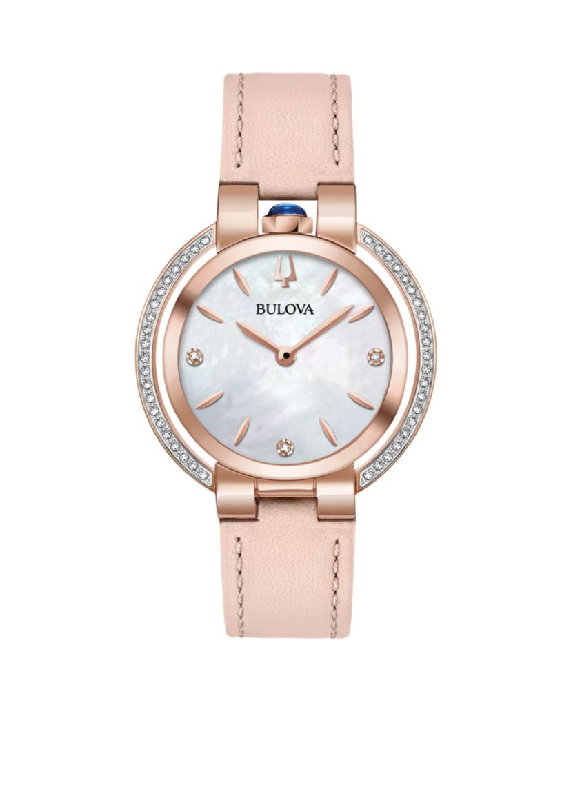 Womens Rose Gold-Tone Stainless Steel Rubayiat Diamond 1/5 ct. t.w. Pink Leather Strap Watch 35 mm