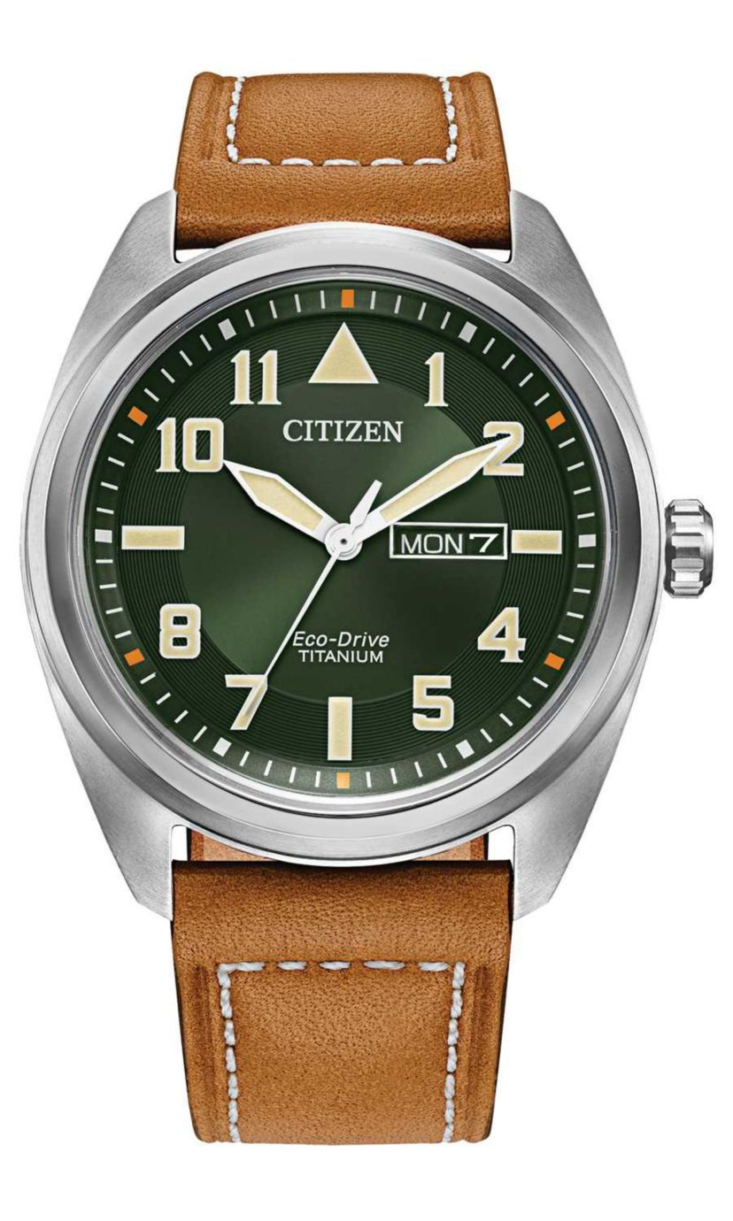 Citizen Eco-Drive Mens Avion Brown Leather Strap Watch, 42mm