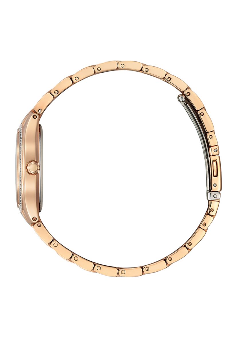 Womens Silhouette Crystal Accent Rose Gold-Tone Stainless Steel Bracelet Watch