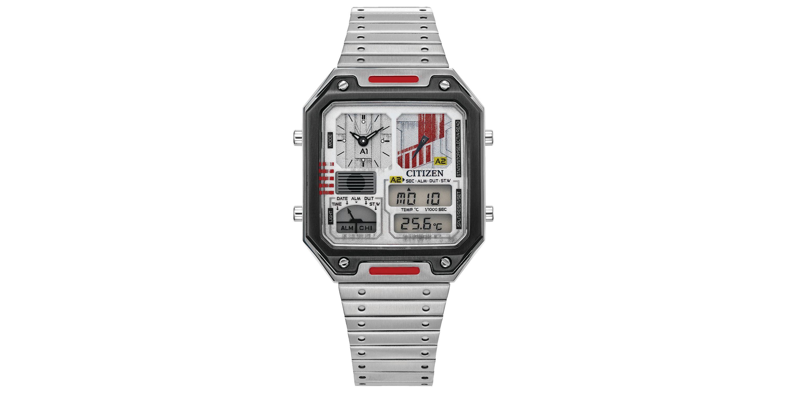 The new Rebel Pilot Ana-Digi celebrating the Star Wars™ galaxy follows the tradition of an original Citizen analog-digital watch from the 1980s. The gray IP stainless steel rectangular case watch is packed with features, including dual time and Rebel-inspired sub-dials in sleek gray and white with red accents. The new watch is an update to a previous Ana-Digi model, this time introducing sleek screw details on the gray IP bezel, a new tapered bracelet design, and a footprint of 33.4mm in width by 45.4mm in length. It also includes the digital time, day, date, and temperature, making it a unique and stand-out timepiece ready to fight for the Rebellion. Whether you are a long-time fan who still believes the original trilogy can never be topped, or you’re just being introduced to this galaxy far, far away, this is a Star Wars watch every collector will want to show off.
