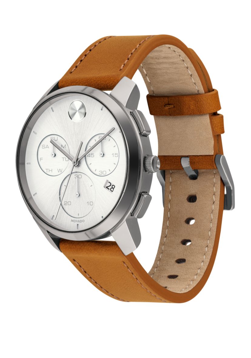 Mens 42 Millimeter Stainless Steel Bold Leather Strap Watch