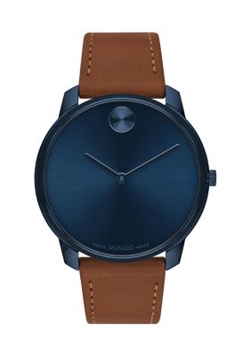 Movado Men's Bold Thin Blue Toned Brown Strap Watch