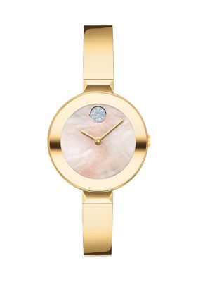 Movado Womens Yellow Gold Stainless Steel Bangle Mother Of Pearl Dial Watch