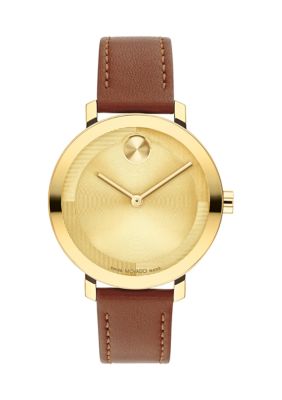 Movado Women's Bold Evolution 2 Brown Leather Band Watch, Gold -  0885997484121