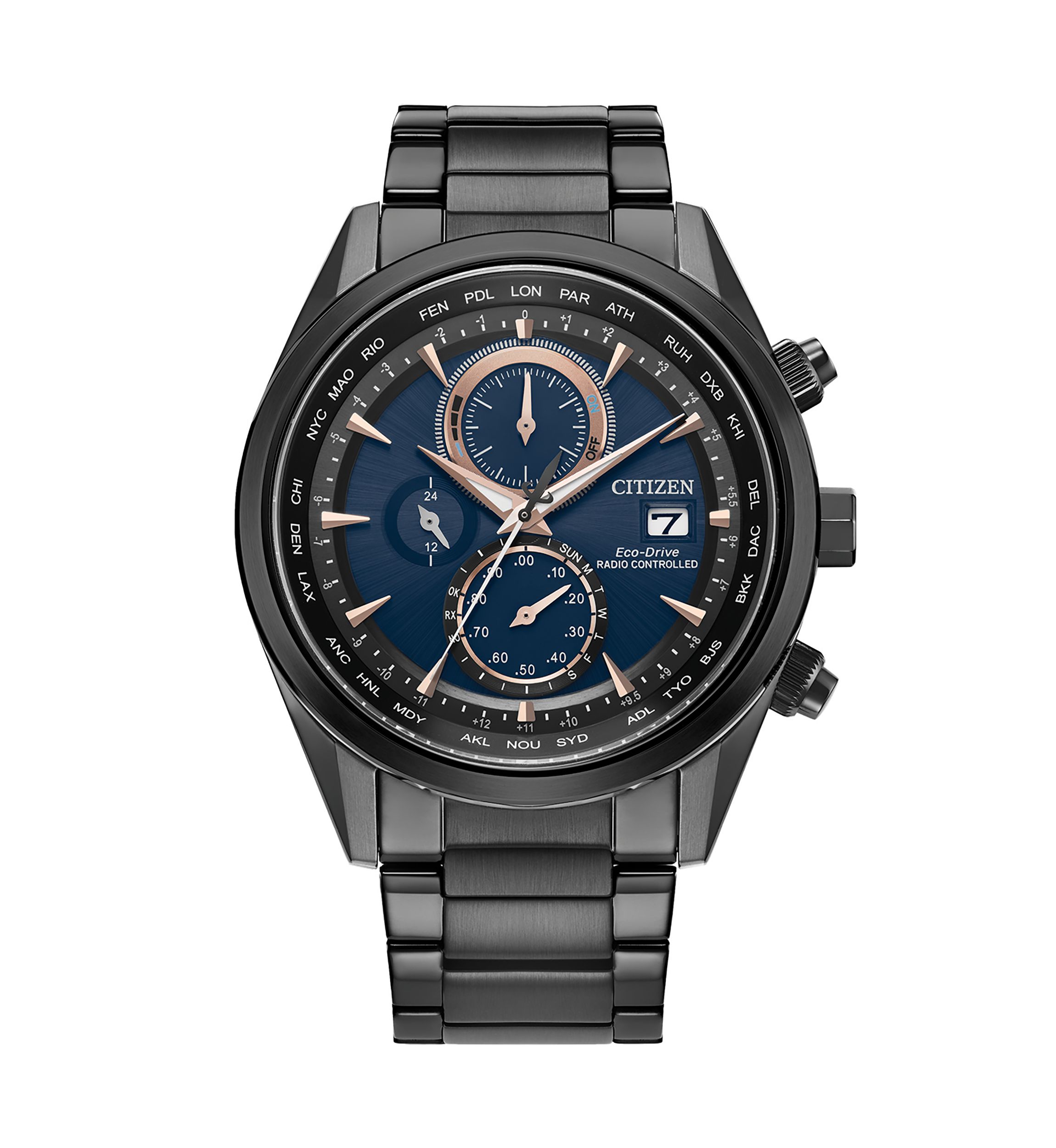 Mens Sport Luxury Radio Control Black Stainless Steel Bracelet Watch 