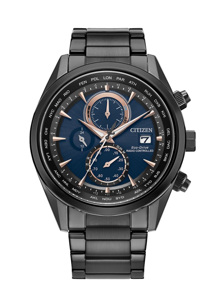 Mens Sport Luxury Radio Control Black Stainless Steel Bracelet Watch 