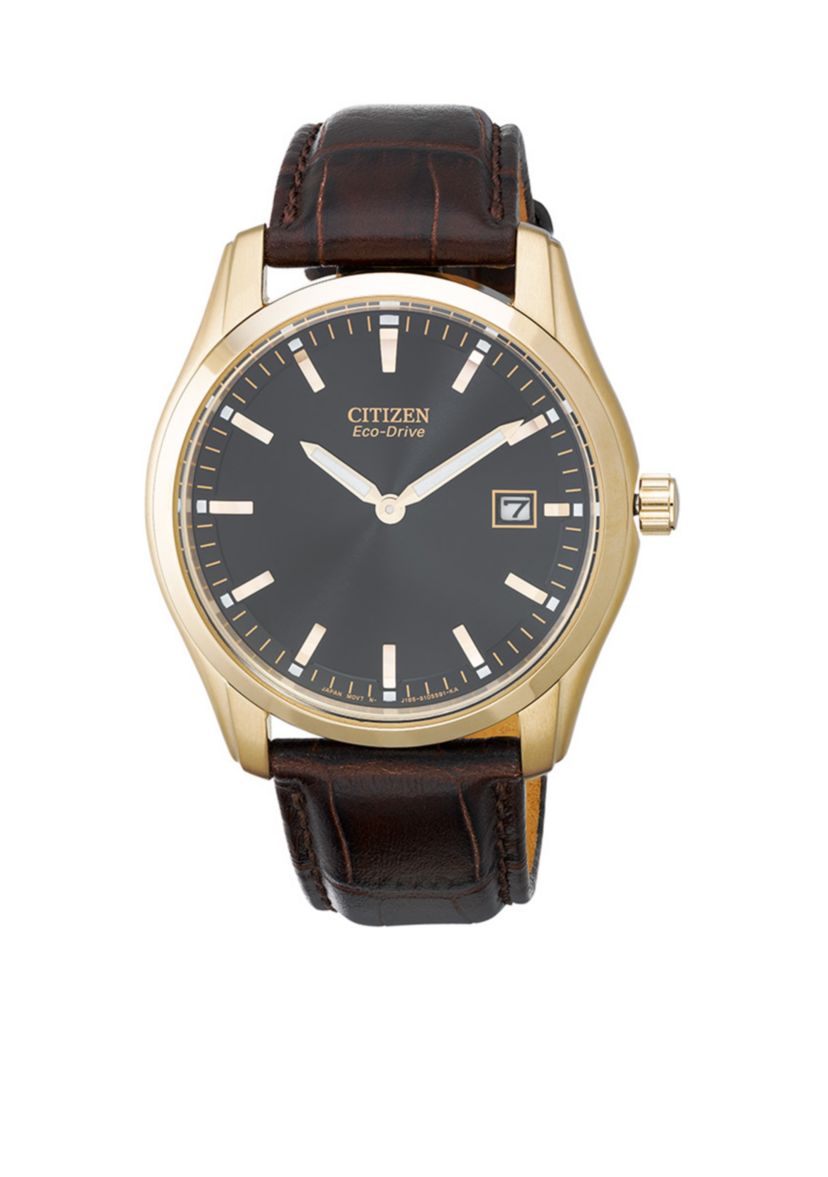 Eco-Drive Mens Rose Gold Tone Leather Strap Dress Watch