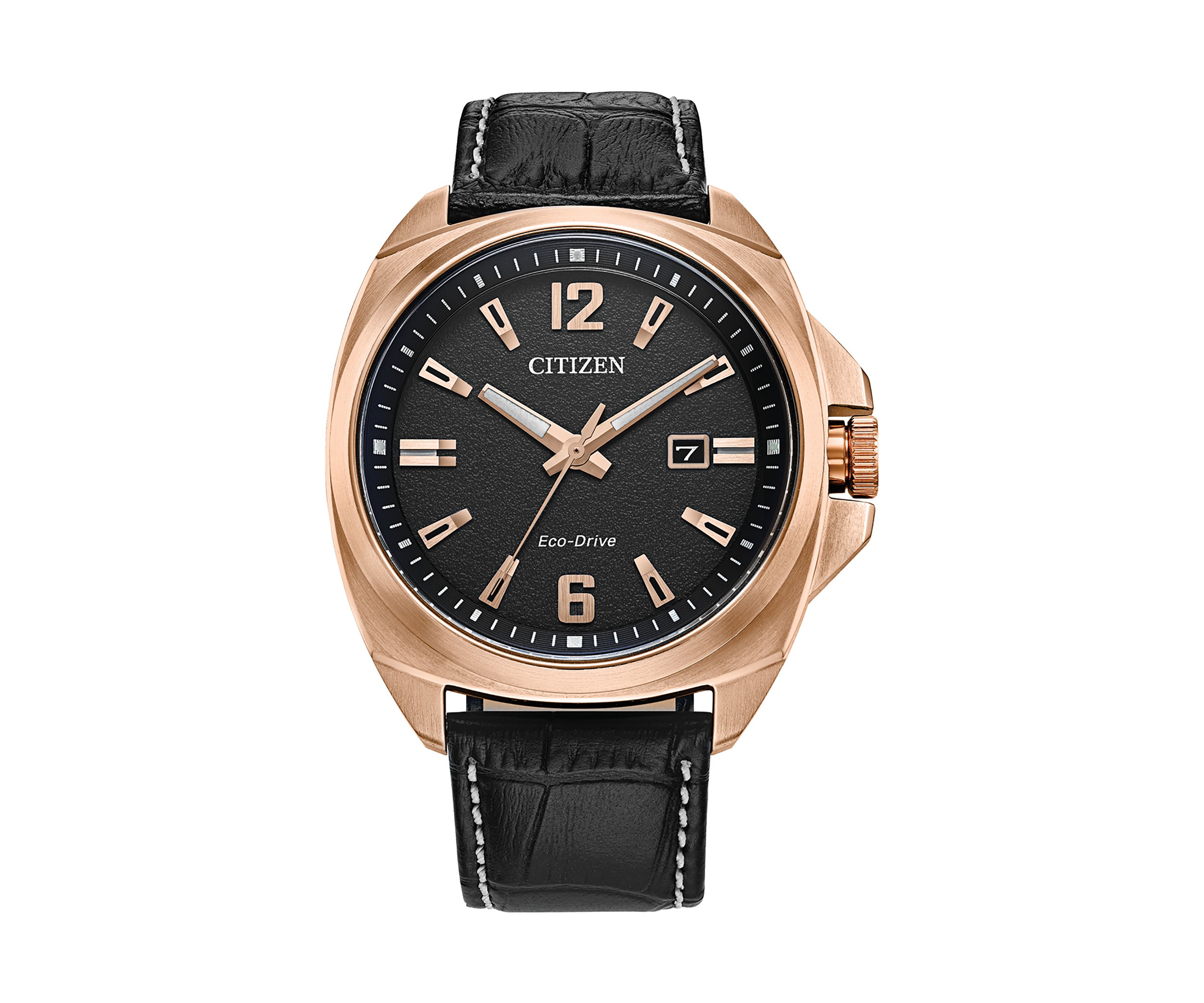Eco-Drive Mens Sport Luxury Black Leather Strap Watch 