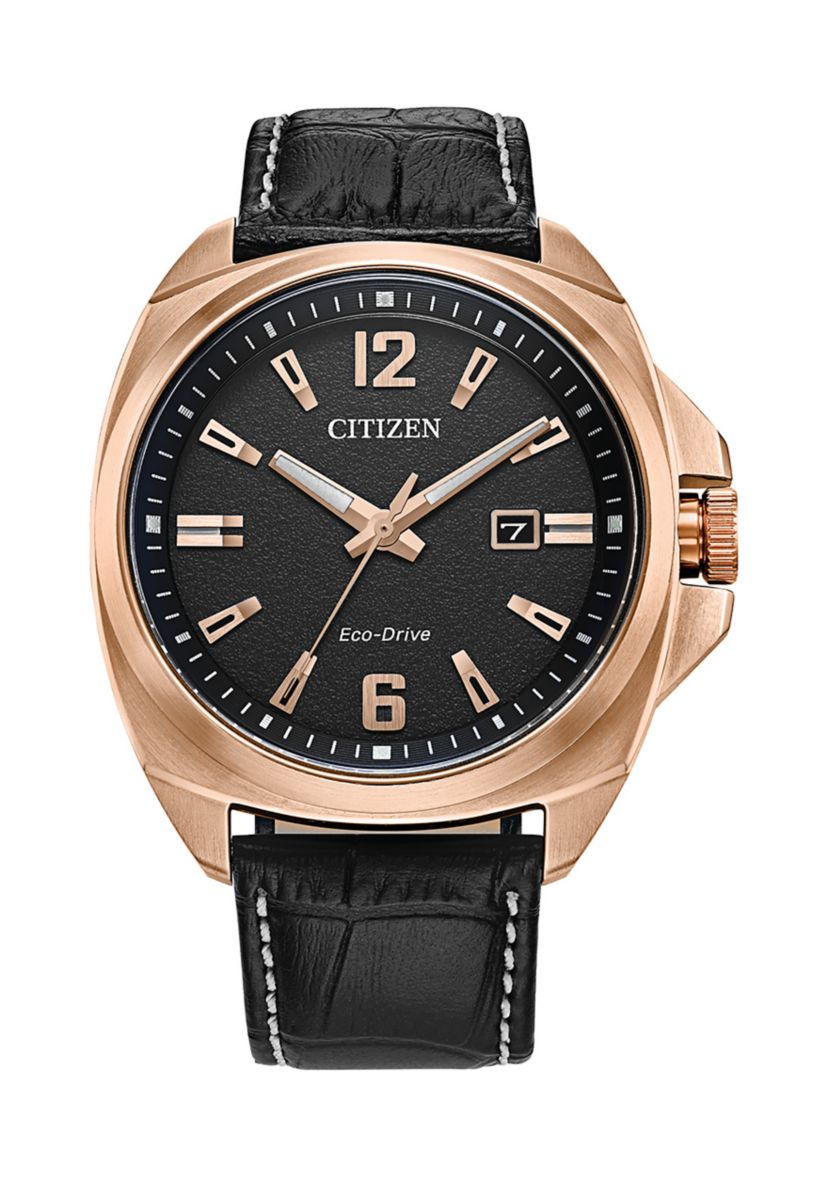 Eco-Drive Mens Sport Luxury Black Leather Strap Watch 
