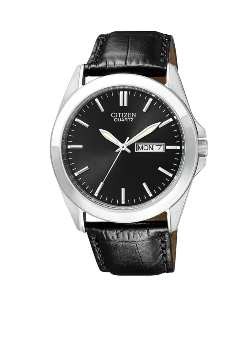 Mens Stainless Steel Leather Strap Watch