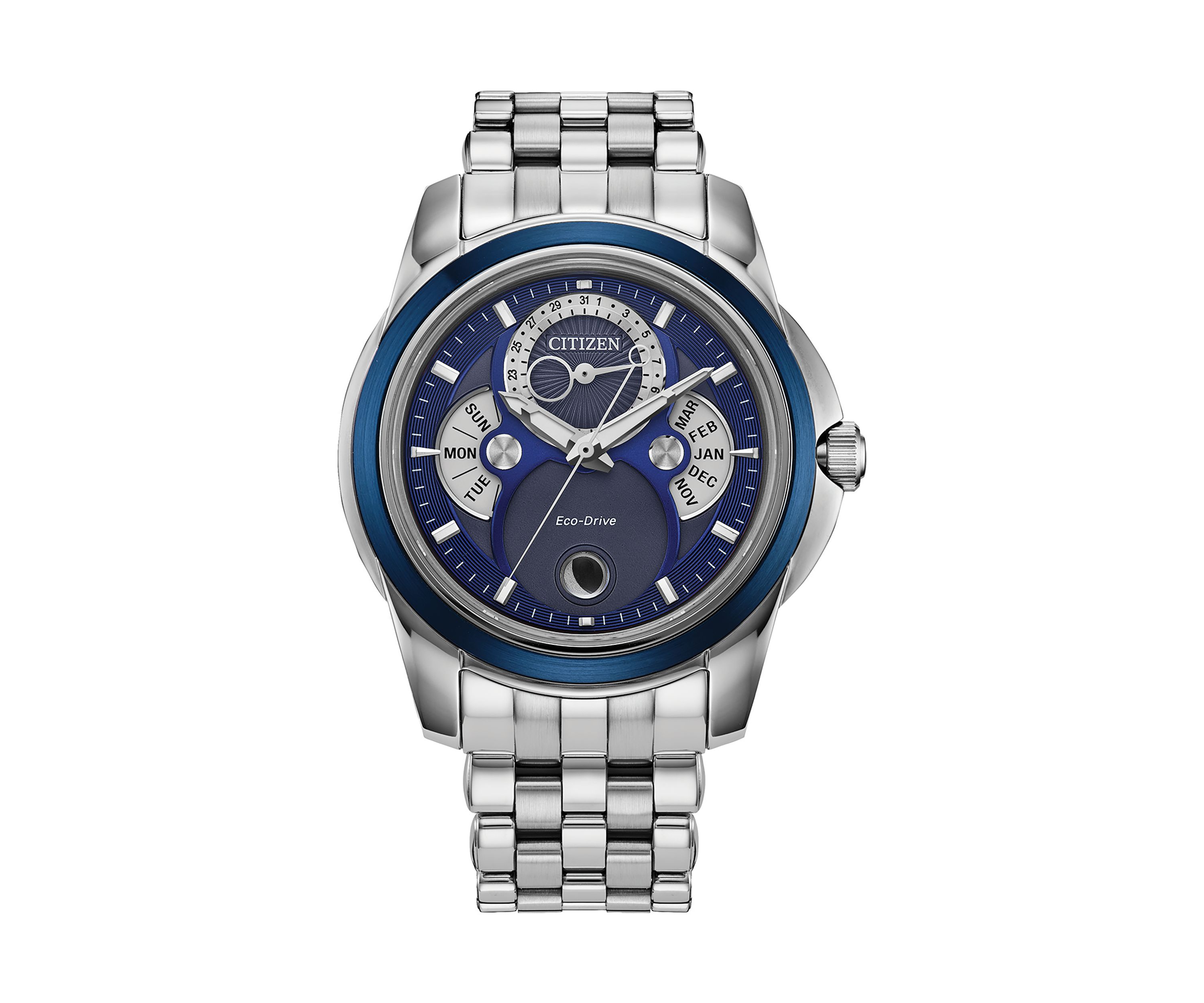 Mens Classic Calendrier Silver-Tone Bracelet Watch, 41.8 mm