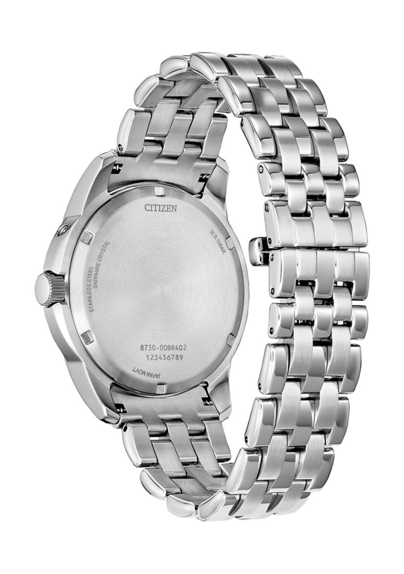 Mens Classic Calendrier Silver-Tone Bracelet Watch, 41.8 mm