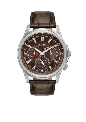CITIZEN Men's Stainless Steel Eco-Drive Calendrier Brown Leather Strap Watch