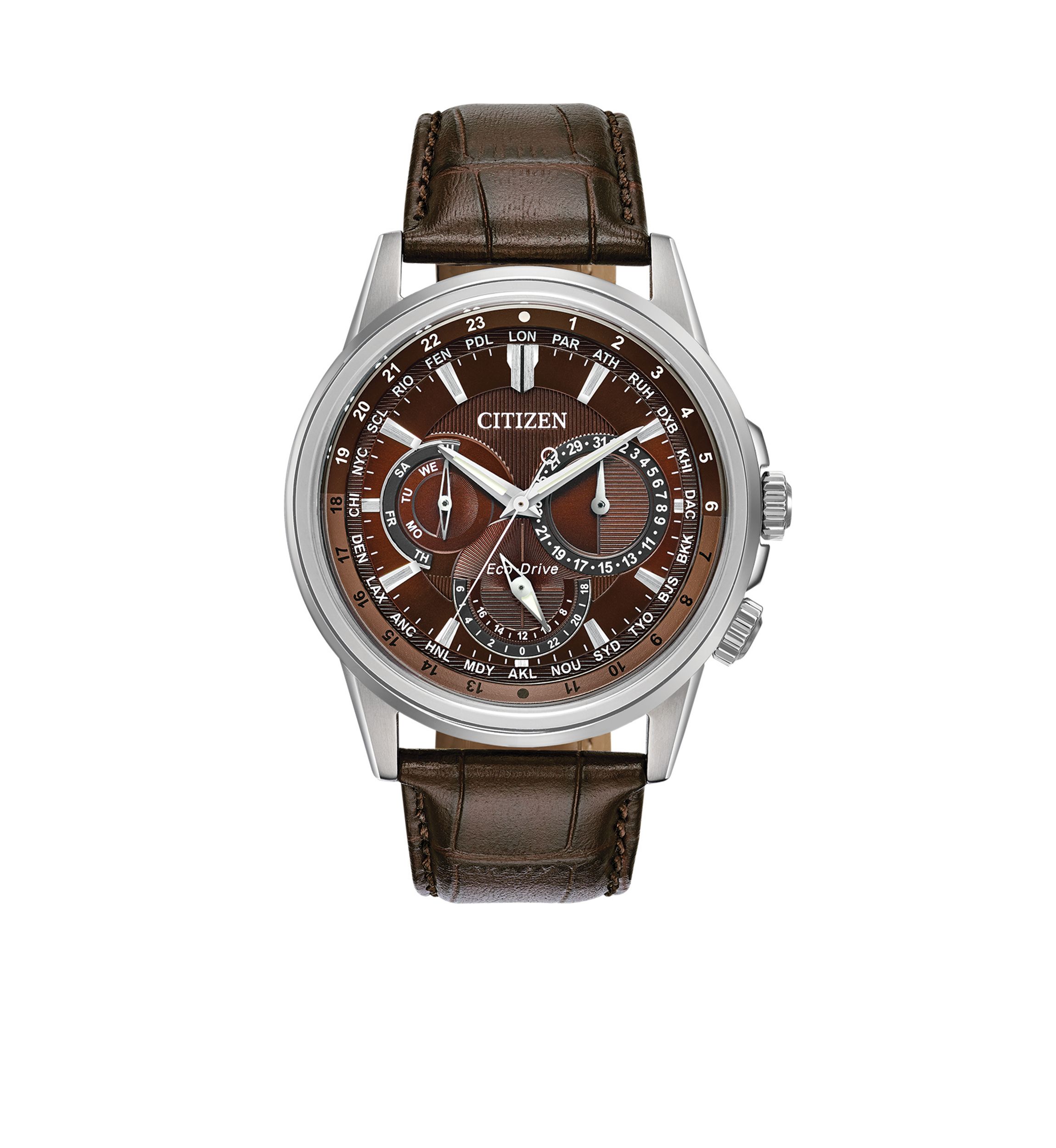 Stainless Steel Eco-Drive Calendrier Brown Leather Strap Watch