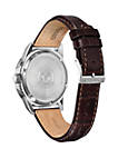 Mens Stainless Steel Eco Drive World Time Brown Leather Strap Watch 41 mm