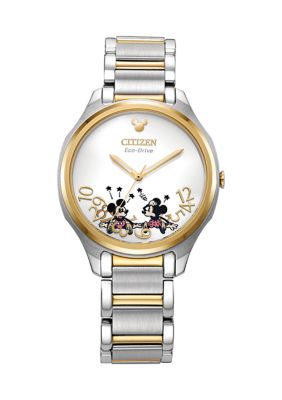 CITIZEN Women's Eco Drive 35 Millimeter Disney Falling Mickey Minnie Two-Tone Stainless Steel Bracelet Watch
