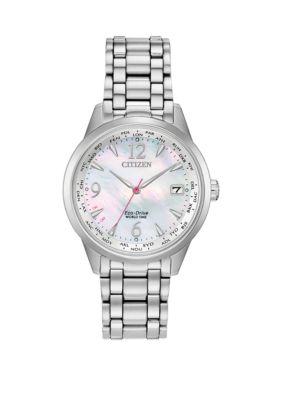 CITIZEN Stainless Steel Eco World Time Bracelet, Silver -  0013205134555