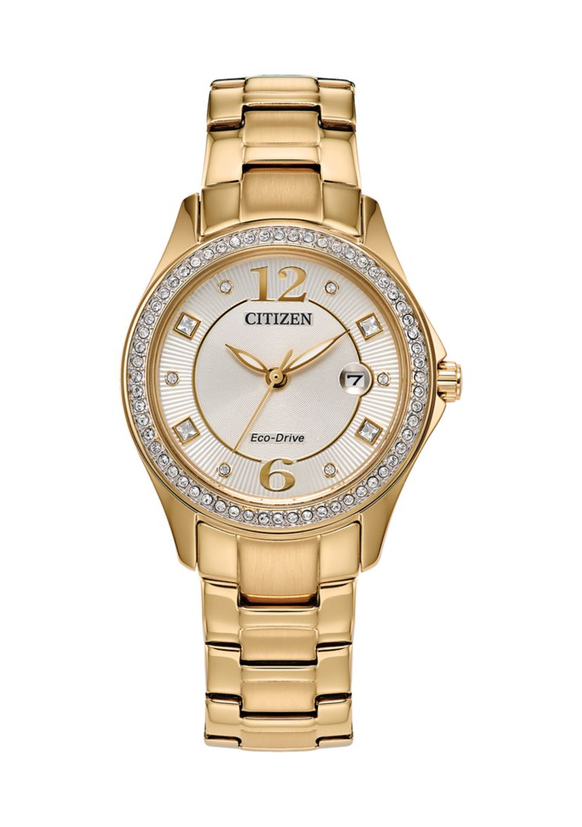Womens Crystal Gold Tone Stainless Steel Bracelet Watch 