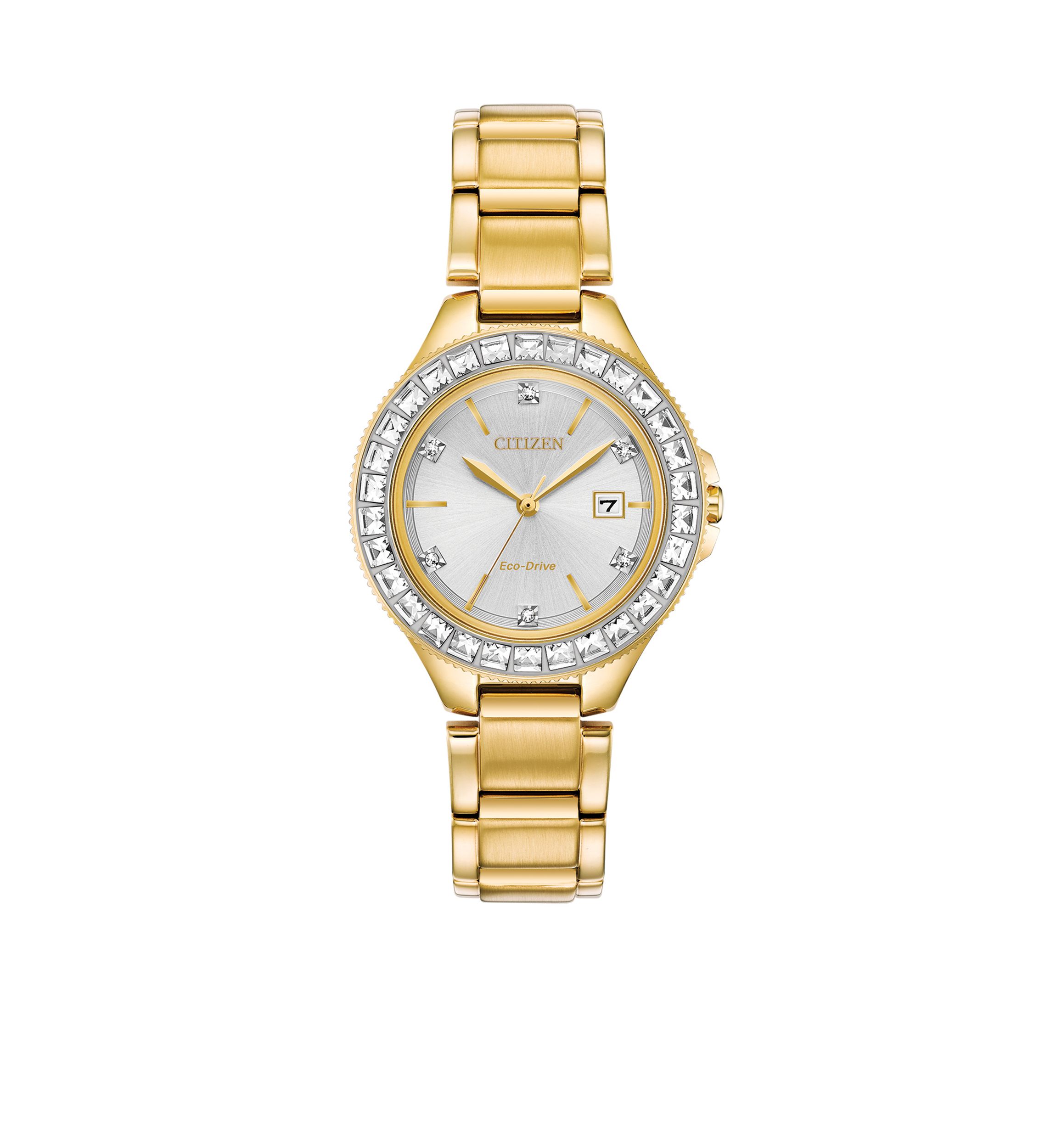 Womens Gold-Tone Stainless Steel Eco-Drive Crystal Silhouette Bracelet Watch