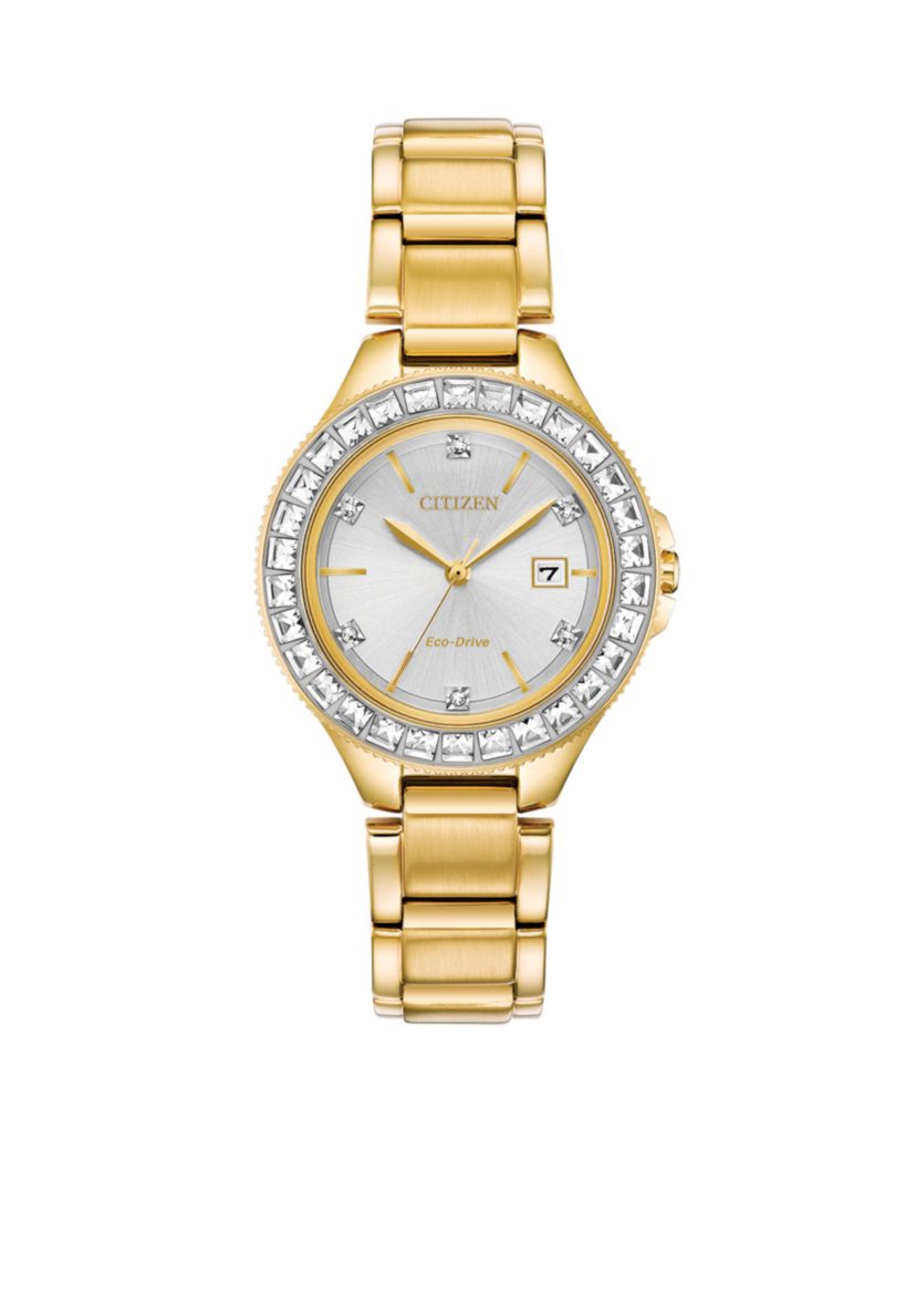 Womens Gold-Tone Stainless Steel Eco-Drive Crystal Silhouette Bracelet Watch