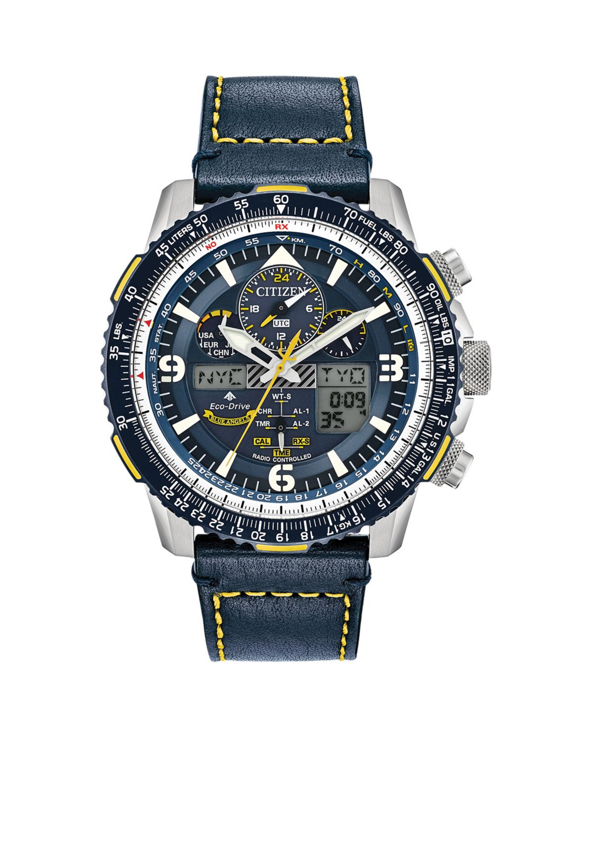 	 Mens Stainless Steel Eco-Drive Analog-Digital Chronograph Promaster Blue Angels Skyhawk A-T Blue Leather Strap Watch 