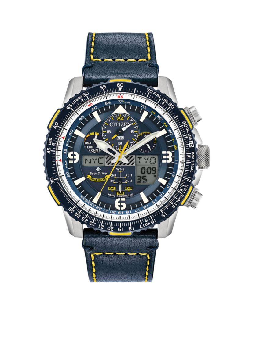 	 Mens Stainless Steel Eco-Drive Analog-Digital Chronograph Promaster Blue Angels Skyhawk A-T Blue Leather Strap Watch 
