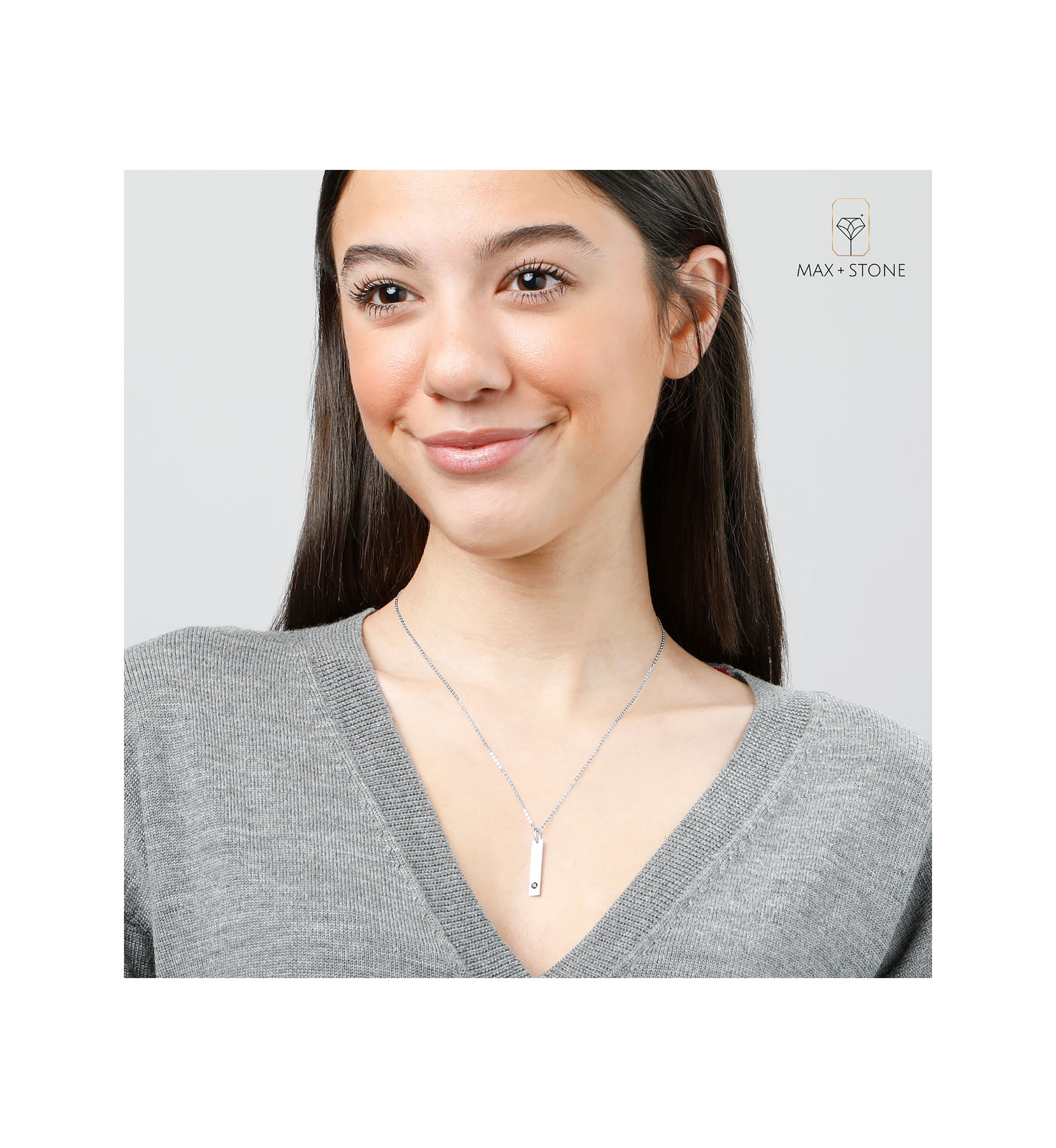 14k White or Yellow Gold Bar Pendant Necklace with 3mm Small Round Gemstone