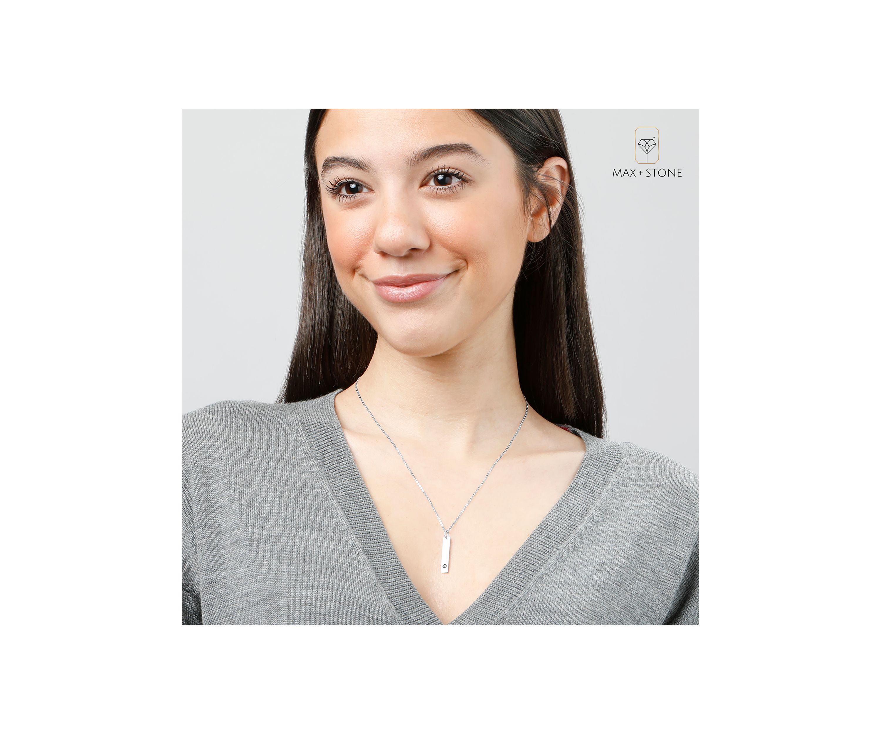 14k White or Yellow Gold Bar Pendant Necklace with 3mm Small Round Gemstone