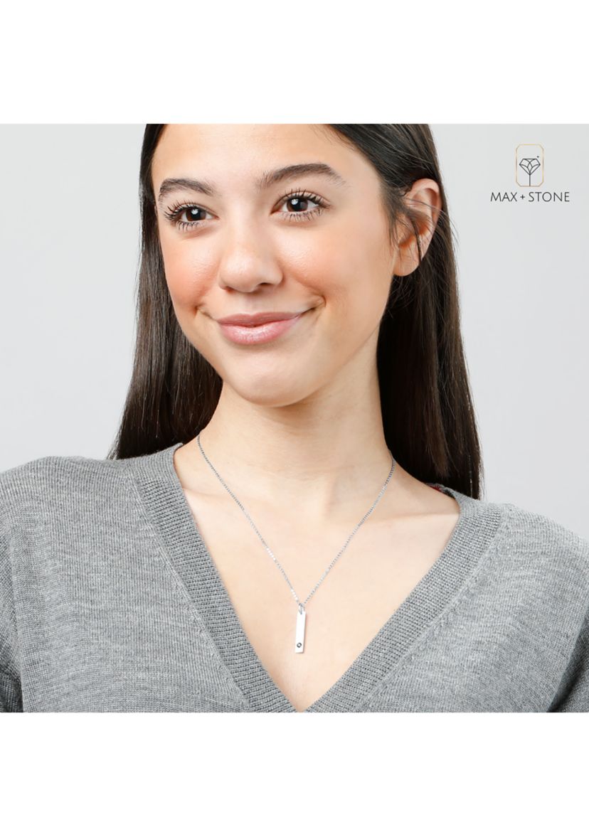 14k White or Yellow Gold Bar Pendant Necklace with 3mm Small Round Gemstone