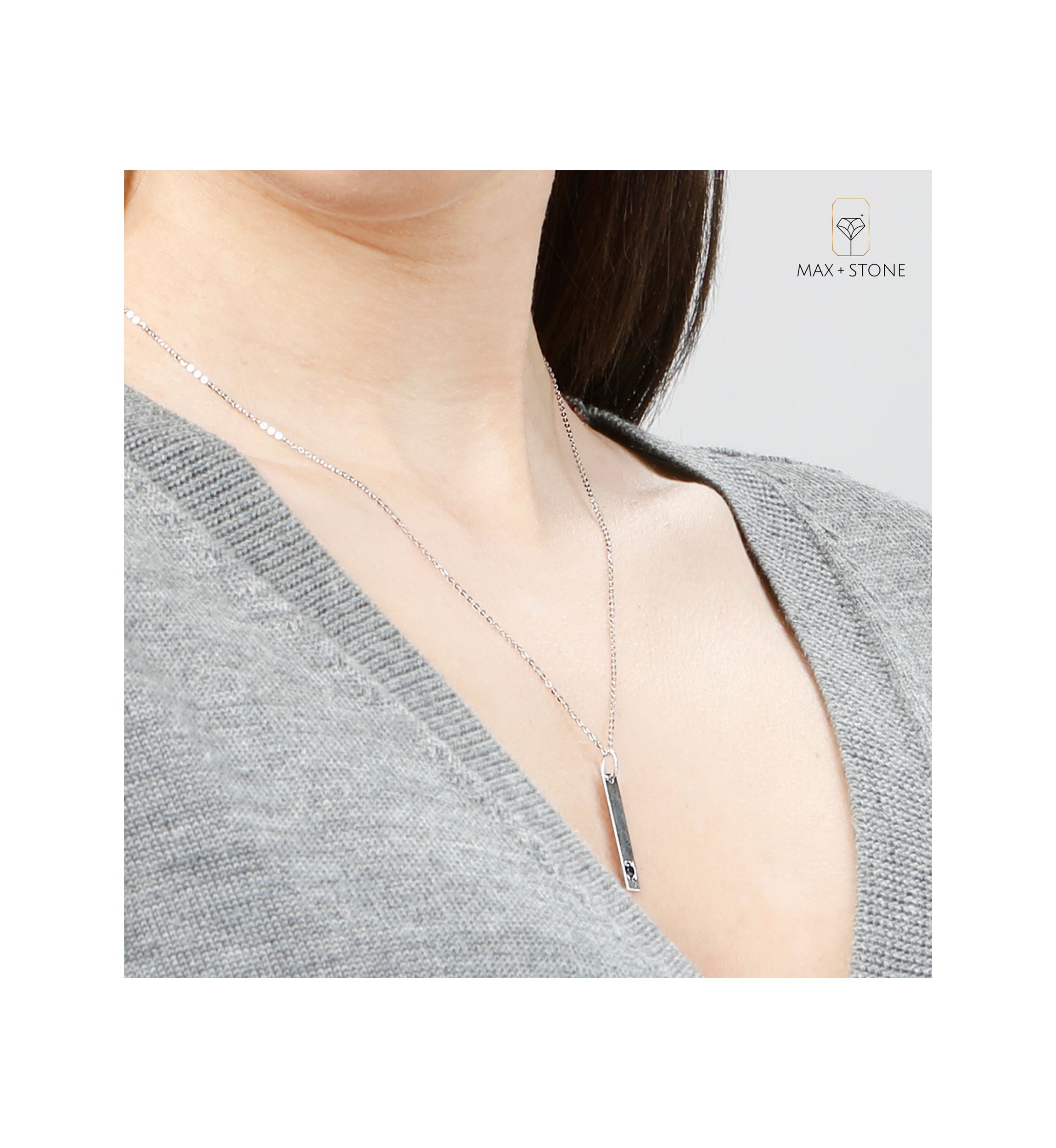 14k White or Yellow Gold Bar Pendant Necklace with 3mm Small Round Gemstone