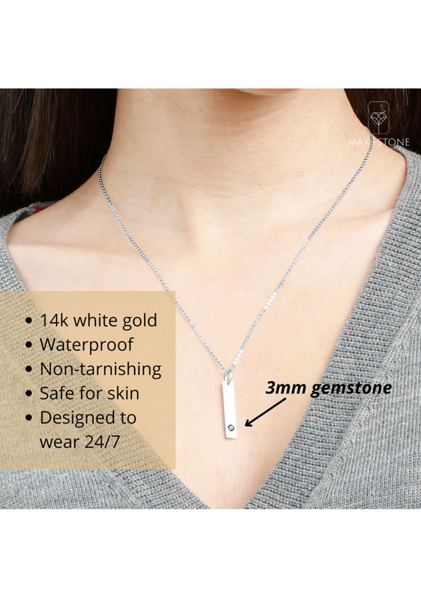14k White or Yellow Gold Bar Pendant Necklace with 3mm Small Round Gemstone