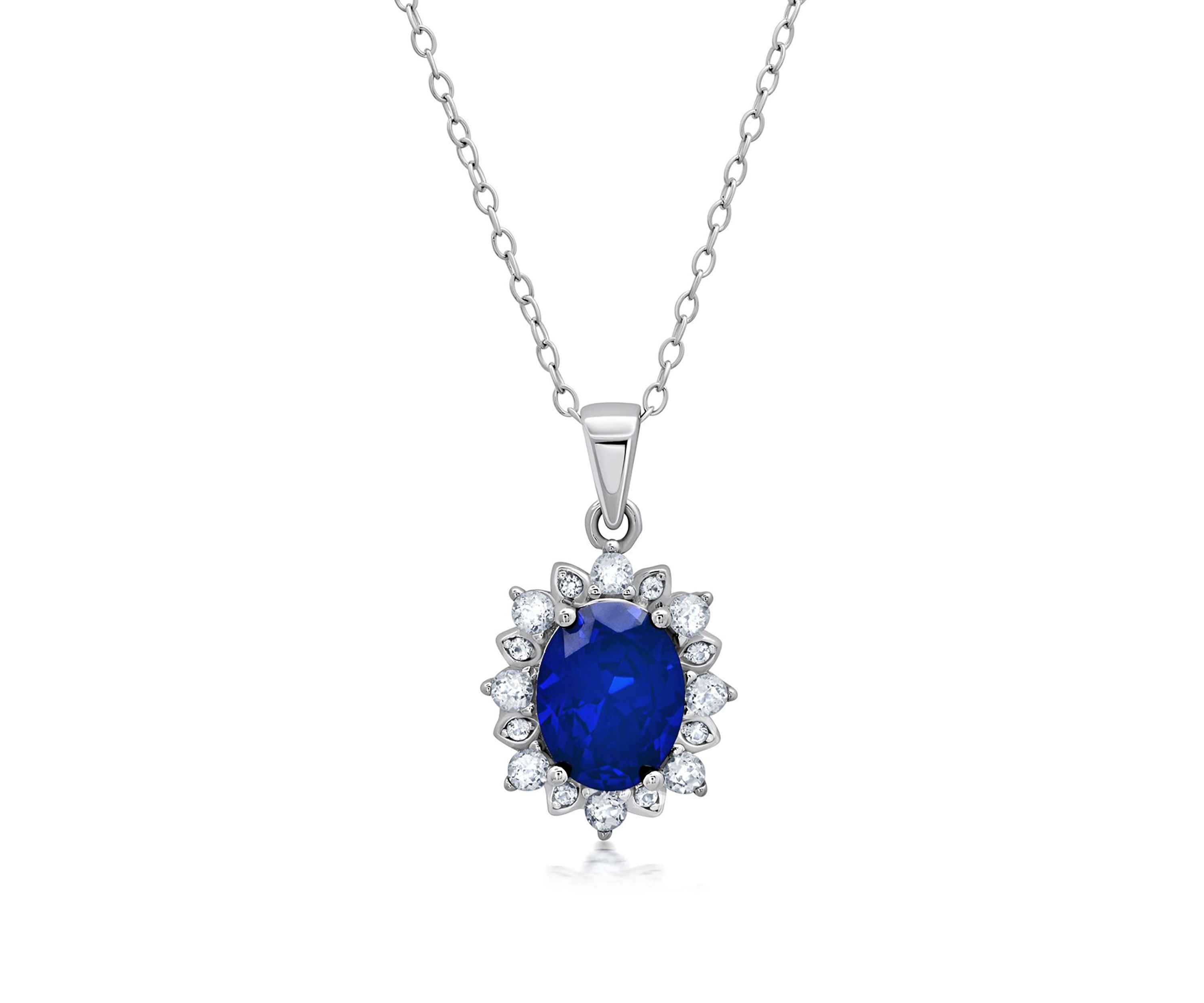 Sterling Silver Created Blue Sapphire Oval Pendant Necklace with White Topaz Sunburst Halo 9mm x 7mm with 18 Inch Cable Chain