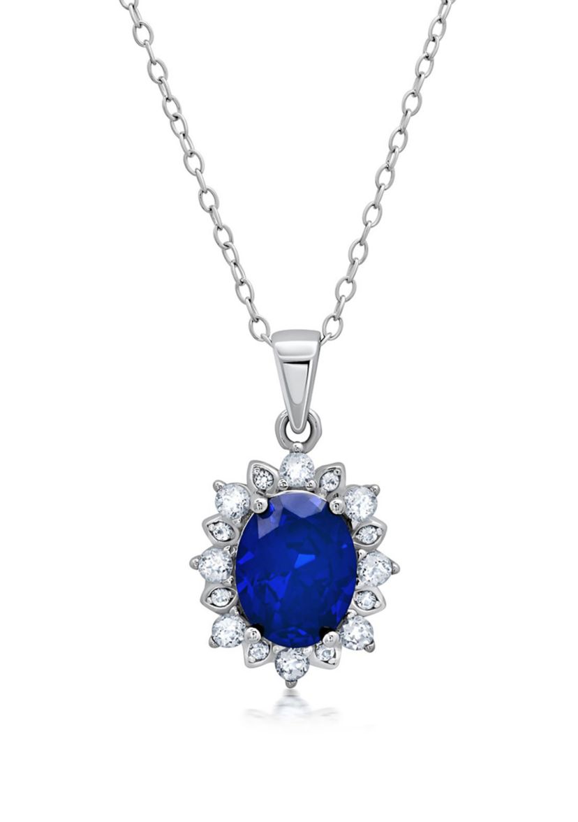 Sterling Silver Created Blue Sapphire Oval Pendant Necklace with White Topaz Sunburst Halo 9mm x 7mm with 18 Inch Cable Chain