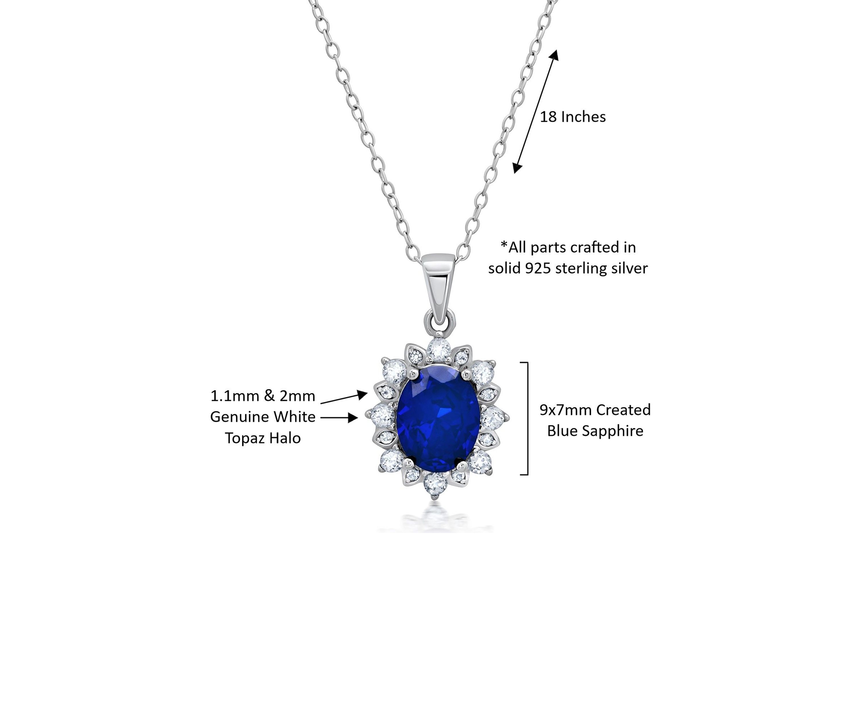 Sterling Silver Created Blue Sapphire Oval Pendant Necklace with White Topaz Sunburst Halo 9mm x 7mm with 18 Inch Cable Chain