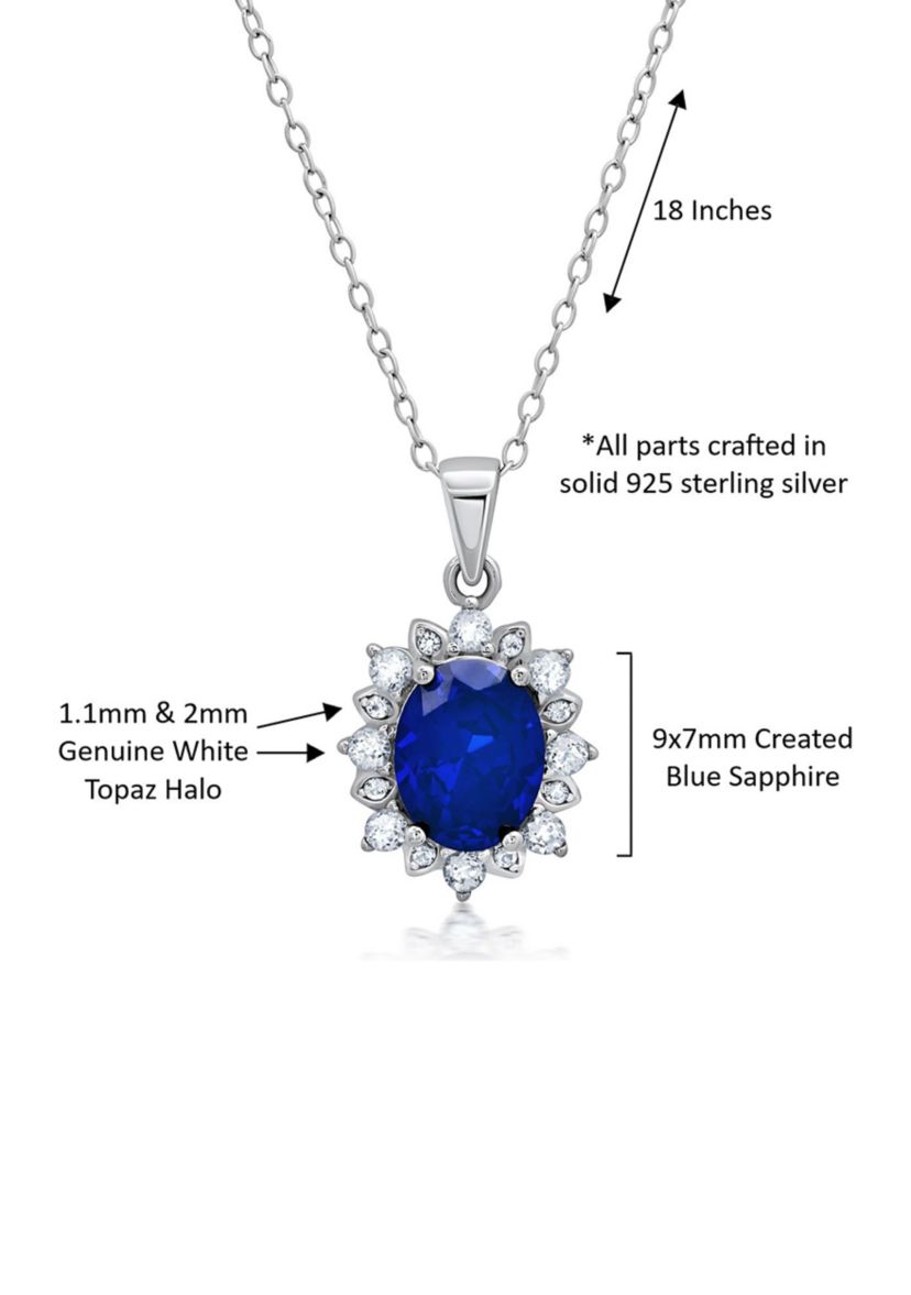 Sterling Silver Created Blue Sapphire Oval Pendant Necklace with White Topaz Sunburst Halo 9mm x 7mm with 18 Inch Cable Chain