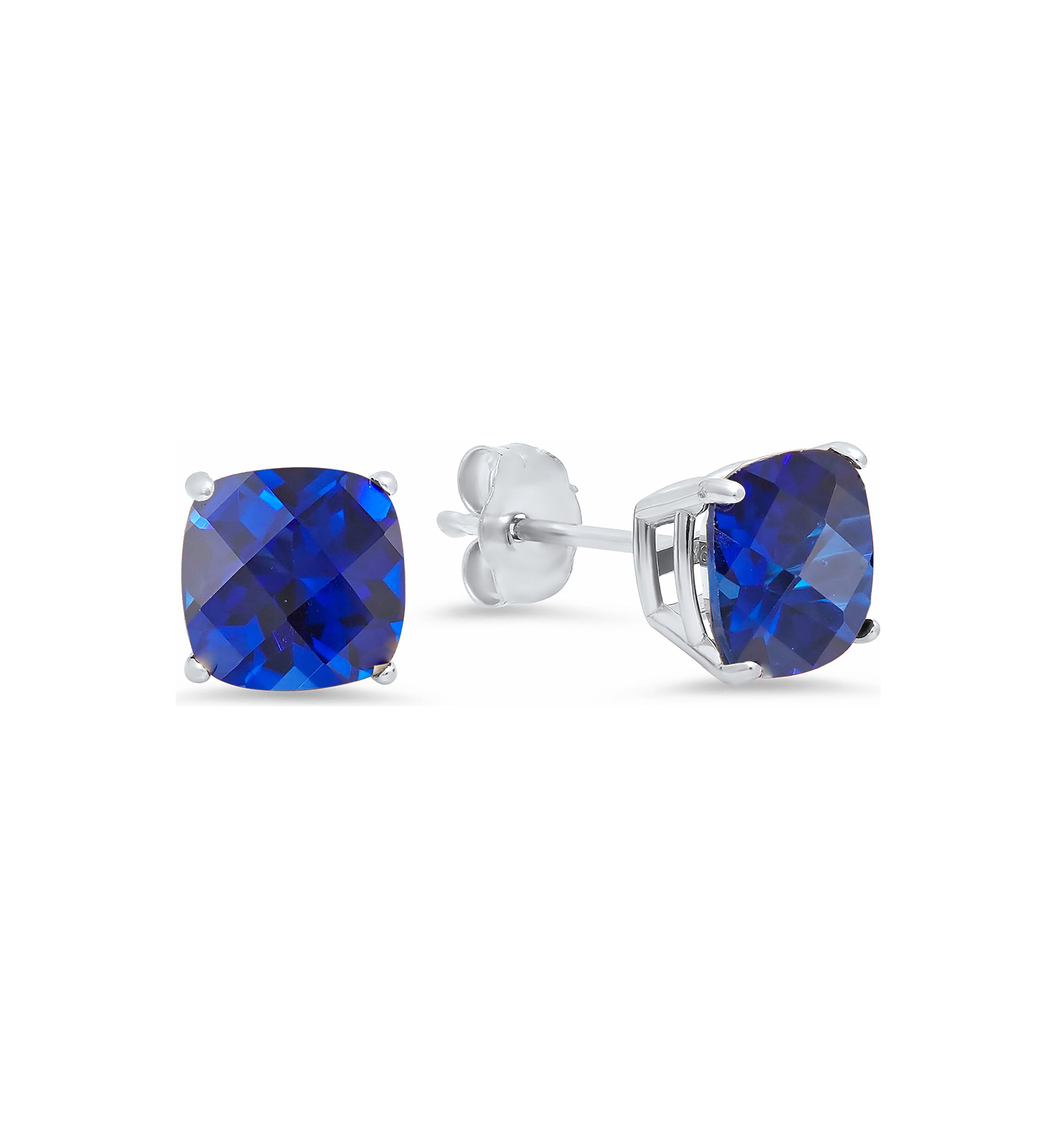 Sterling Silver Cushion Cut Checkerboard Created White Sapphire Stud Earrings (6mm)
