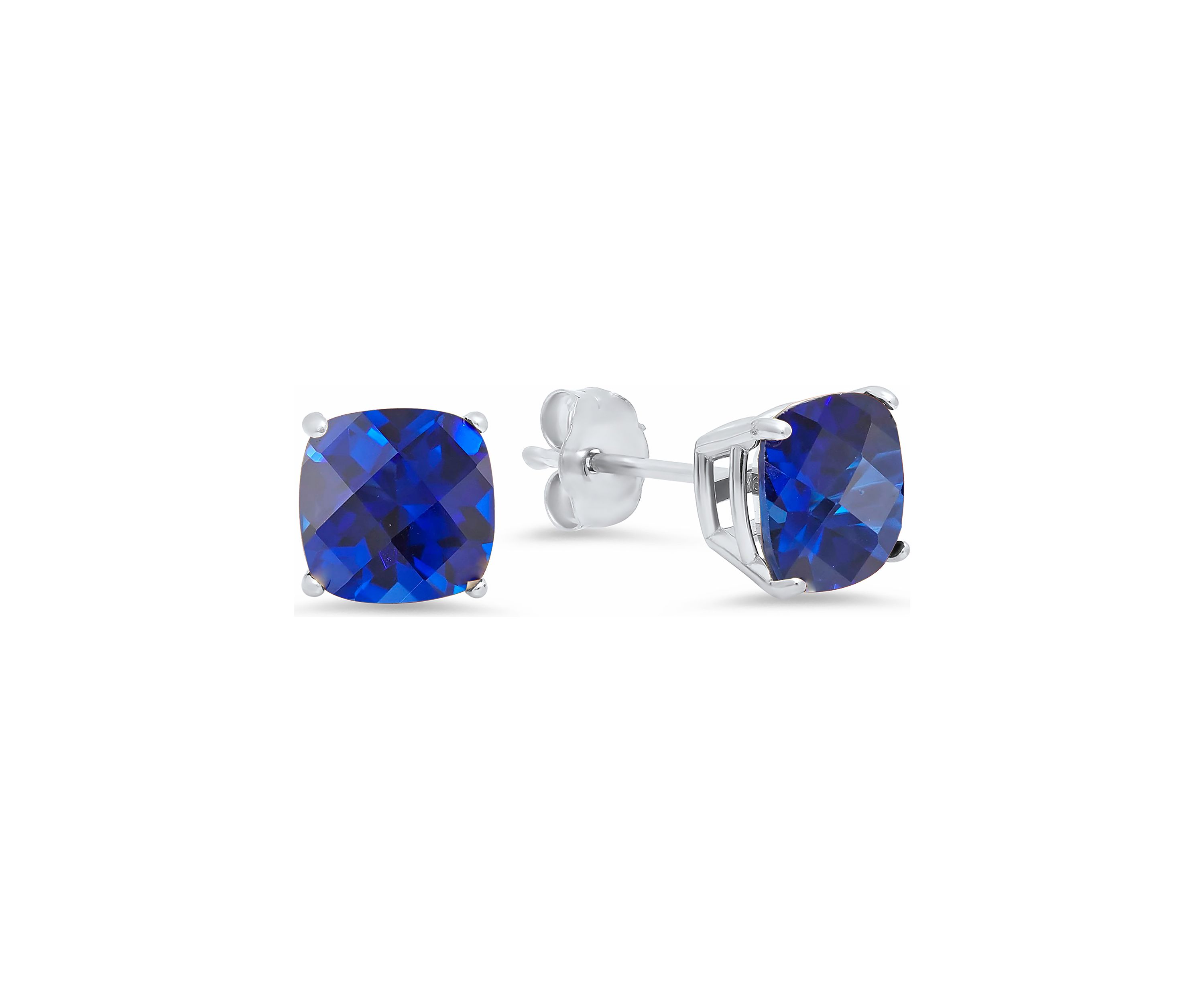 Sterling Silver Cushion Cut Checkerboard Created White Sapphire Stud Earrings (6mm)