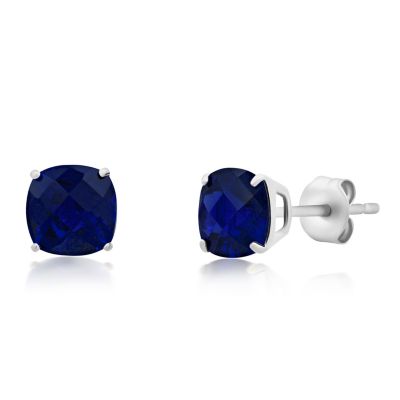 Belk & Co Sterling Silver Cushion Cut Checkerboard Created Emerald Stud Earrings (6mm), Blue