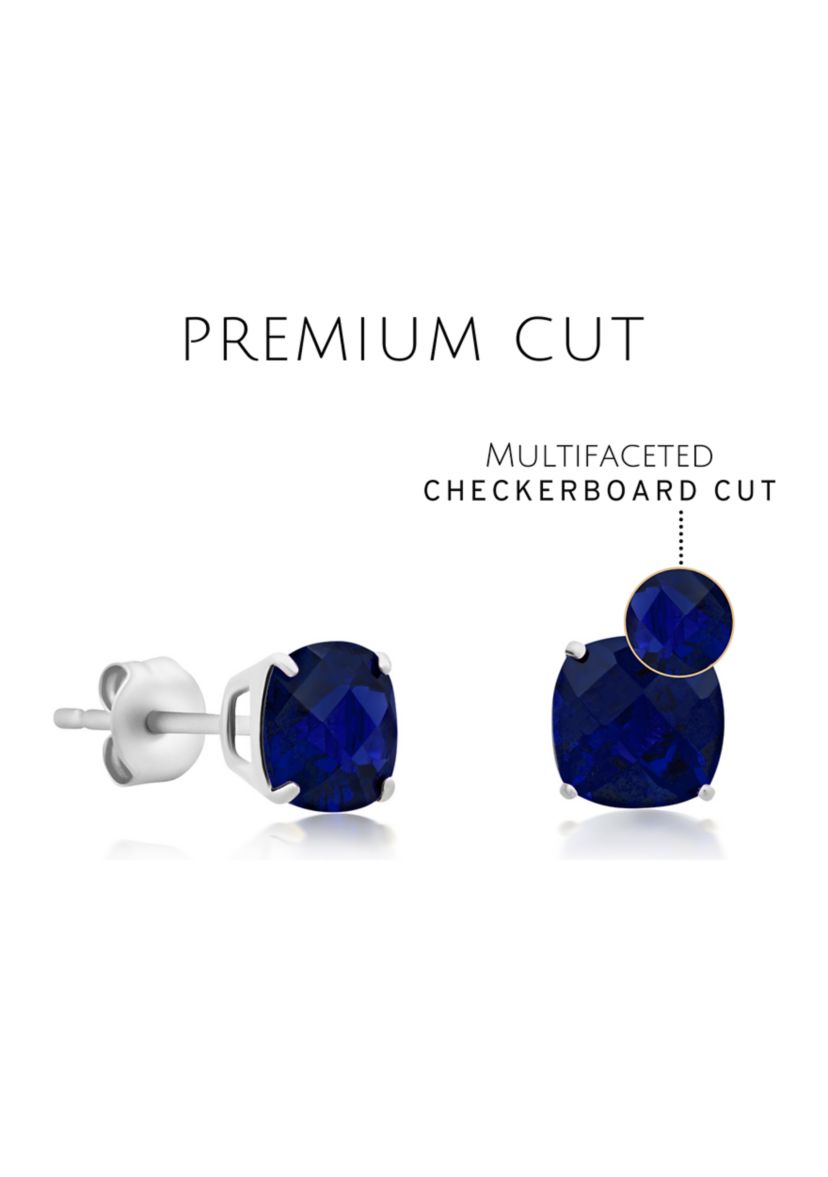 Sterling Silver Cushion Cut Checkerboard Created White Sapphire Stud Earrings (6mm)