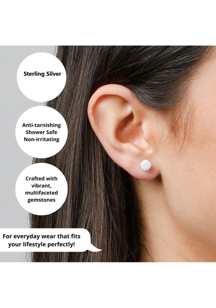 Sterling Silver Cushion Cut Checkerboard Created White Sapphire Stud Earrings (6mm)