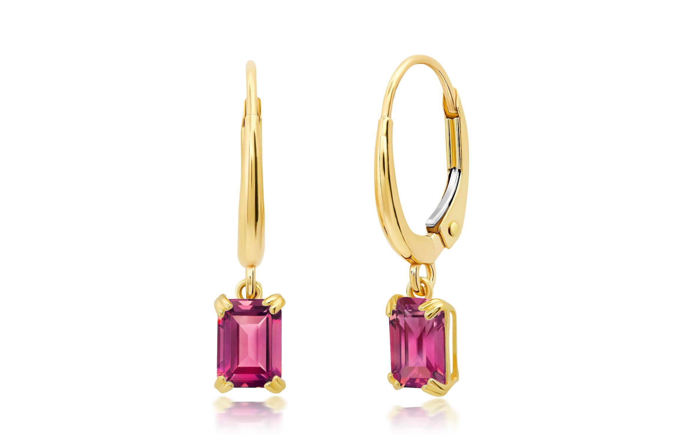 10k White or Yellow Gold Emerald Cut 6x4mm Gemstone Dangle Lever Back Earrings