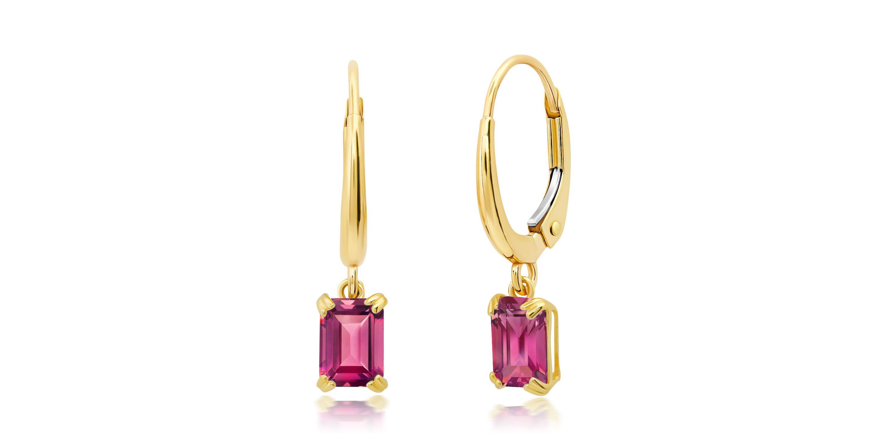 10k White or Yellow Gold Emerald Cut 6x4mm Gemstone Dangle Lever Back Earrings